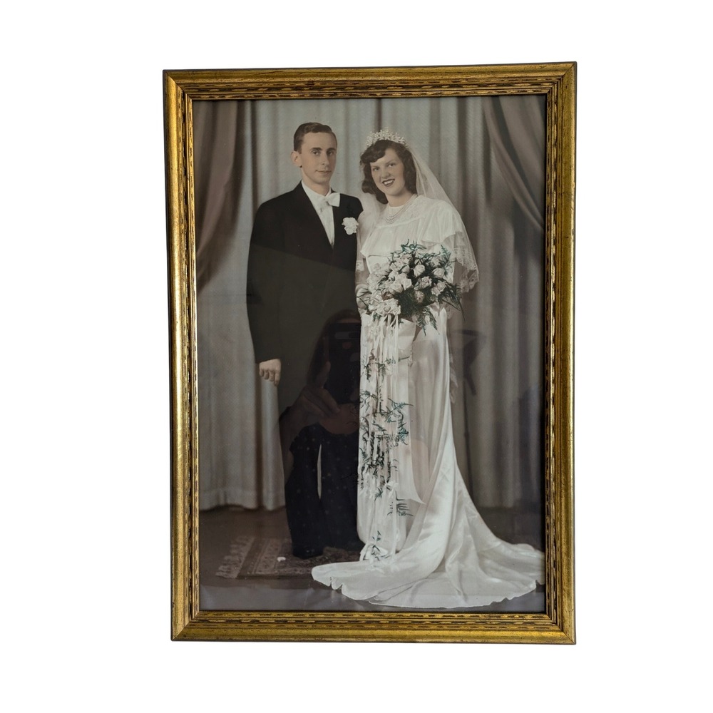 Vintage Framed Wedding Photo Portrait Art, Gold Frame, Bride and Groom 21" x 15"